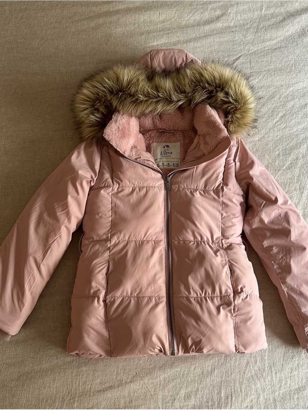 Abercrombie Kids A&F Ultra Puffer Jacket Pink Faux Fur Hood Girls 9/10